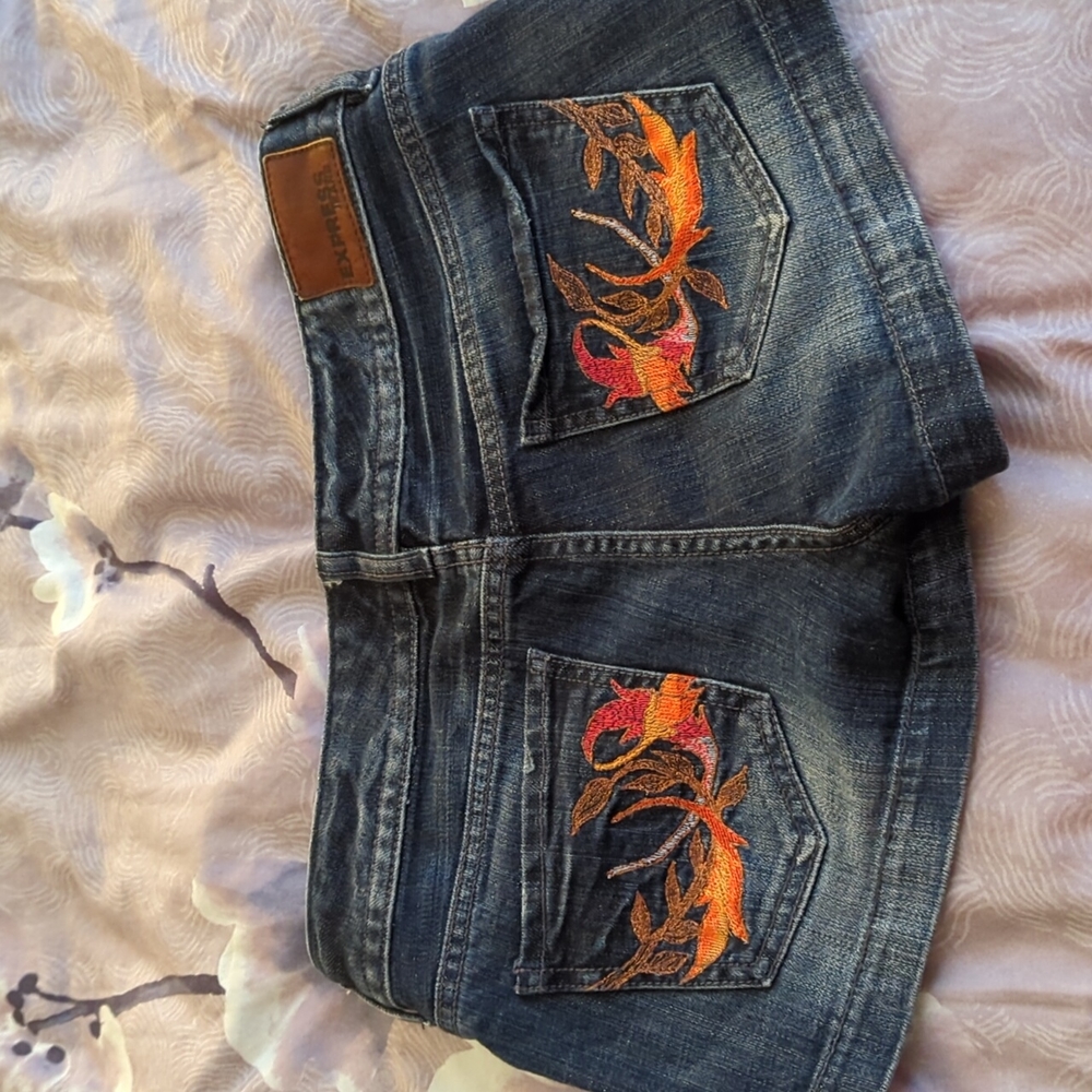 Express Stella Jean Shorts Dark Wash Embroidered Pockets Cotton